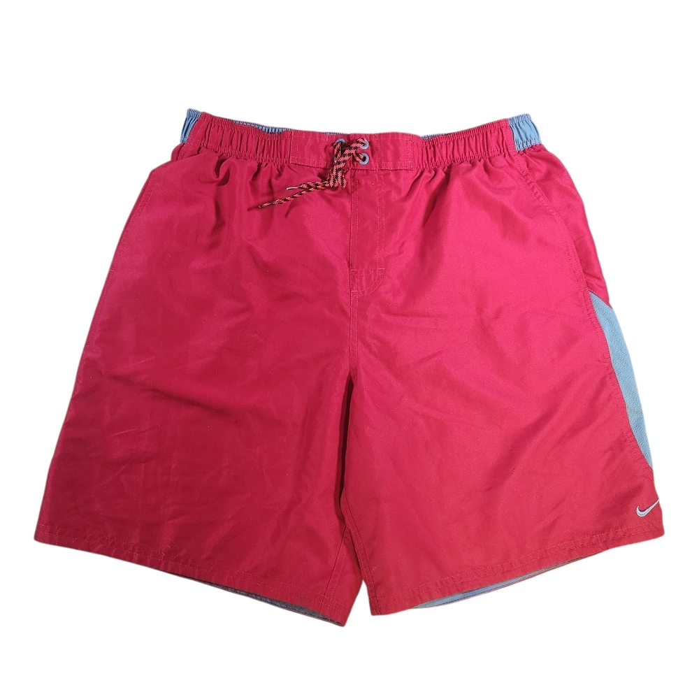 Y2K Nike Men's Size XL Lined Swim Trunks Elastic Waist Red Gray Center Swoosh